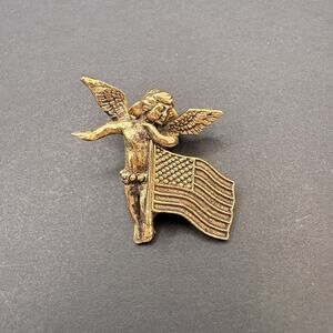 Vintage Kirks Folly‎ American Flag USA Cherub Angel Pin Brooch Gold Tone